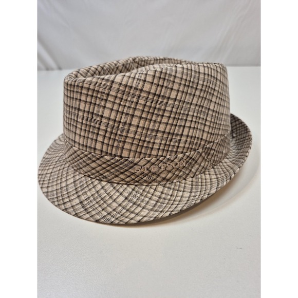 Stetson Fedora Hat Men's XL Beige Check Flax Linen Lined Summer Casual